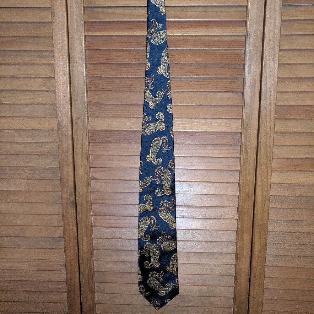 Lands End Tie Navy Blue and Gold Paisley Print